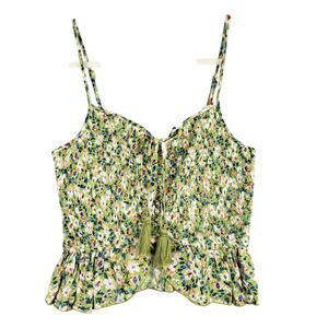 BOG Collective S Peplum Ruffle Crop Tank Top Sage Blue Floral Tassel Soft Girl‎